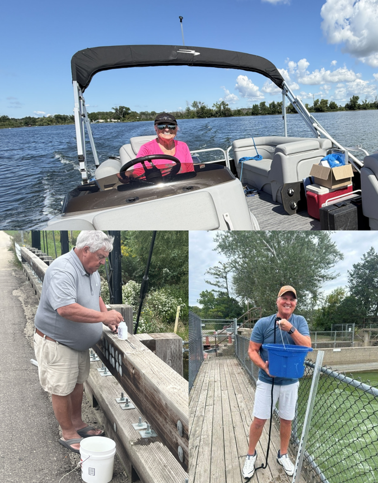 A collage of three pictures. The picture on the top is a person driving a boat on a lake. Bottom left is a person taking a water sample from a bridge. Bottom right is a person holding a bucket of water from the outlet of a lake.