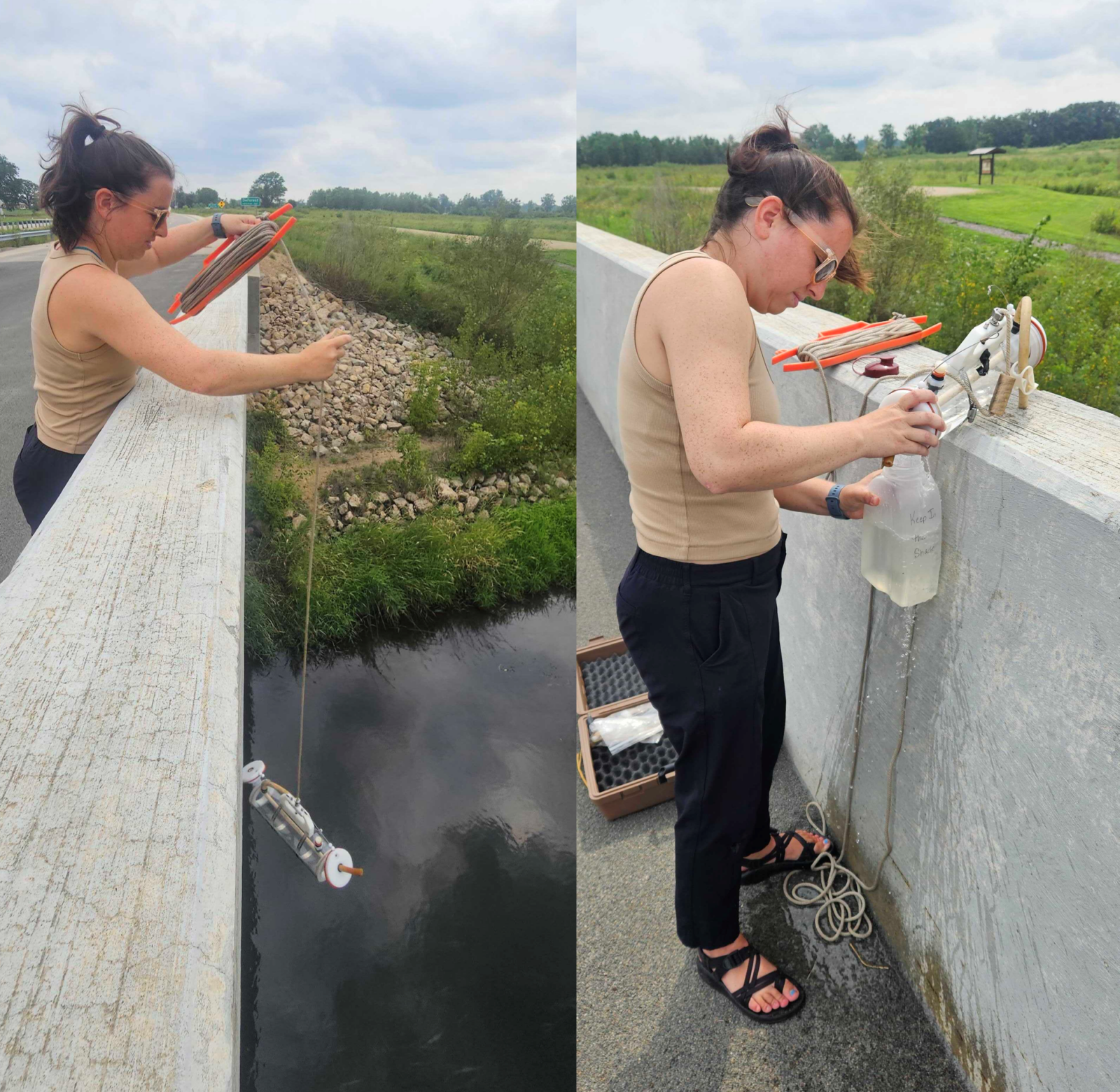 A collage of two pictures. A person lowers a water sampling tube into a stream from a bridge on the left. On the right, a person empties water from the sampler into a bottle.